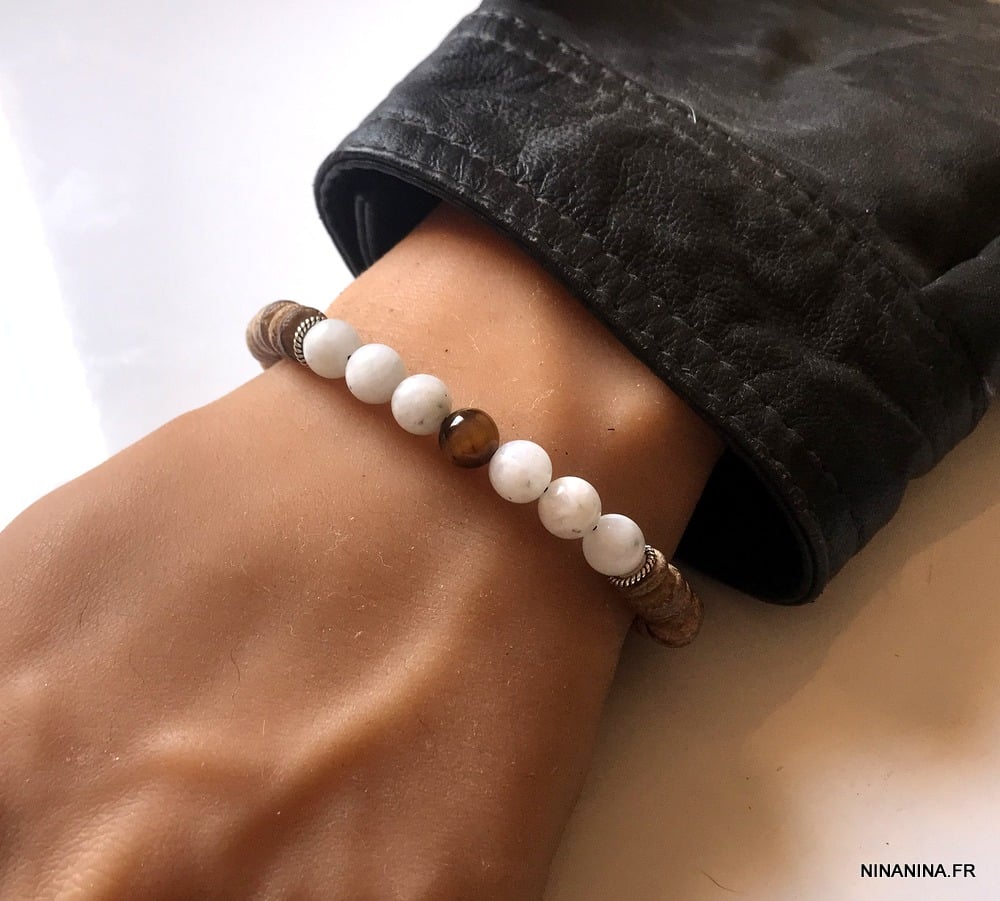 Bracelet homme pierre de lune oeil de tigre et argent – Image 4