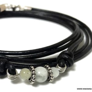 Bracelet aigue marine homme cordon cuir – Bijou pierre de naissance mois de mars