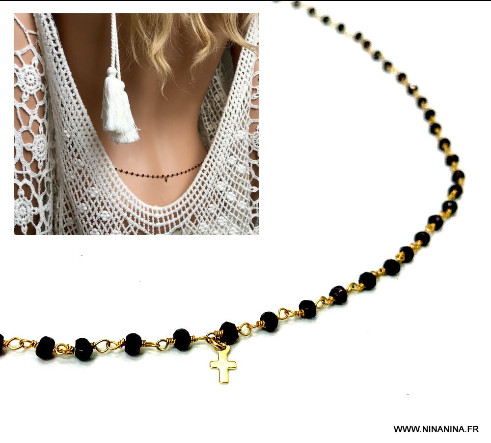 Sautoir avec croix plaquĆ© or et pierres en spinelle noir ā Image 9