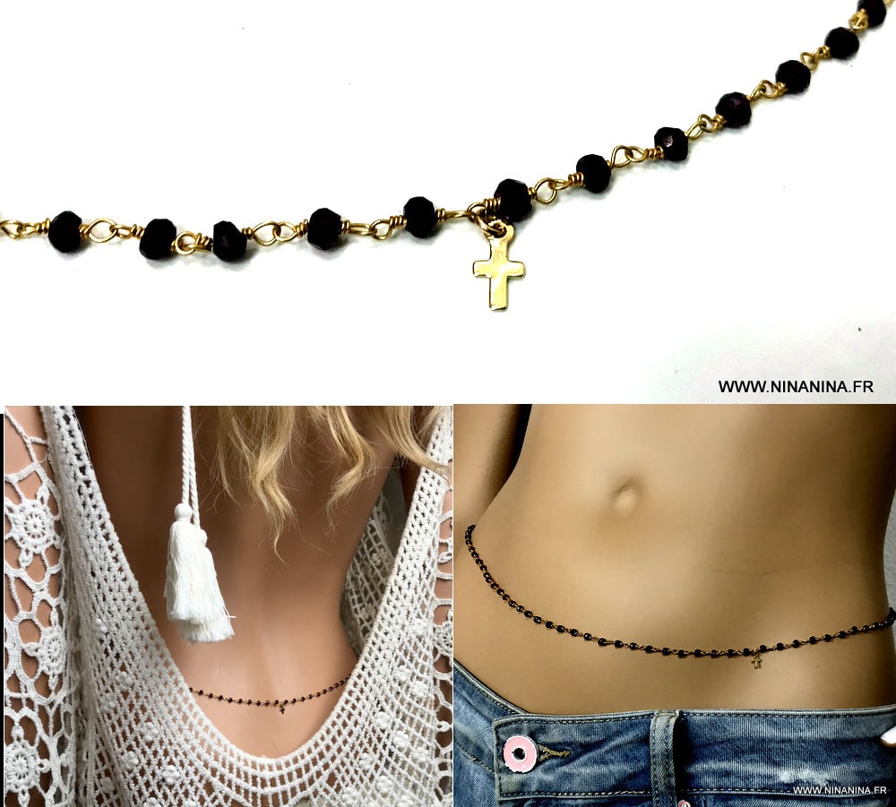 Sautoir avec croix plaquĆ© or et pierres en spinelle noir ā Image 7