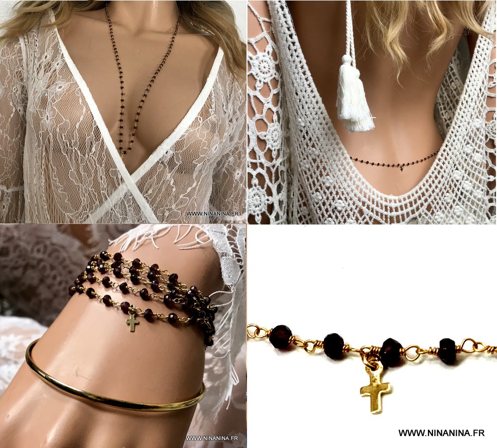 Sautoir avec croix plaquĆ© or et pierres en spinelle noir ā Image 6