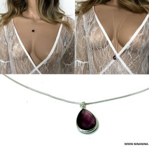 Sautoir amethyste argent femme pendentif goutte violet