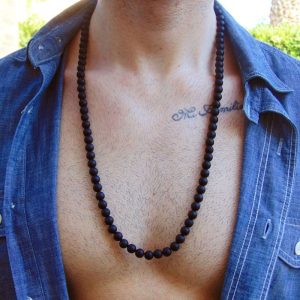 Collier perles homme pierre noire onyx mat 80 cm
