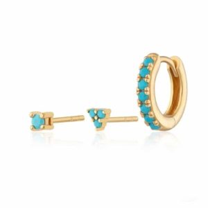 Boucle d’oreille 3 trous Argent plaqué or zirconium bleu