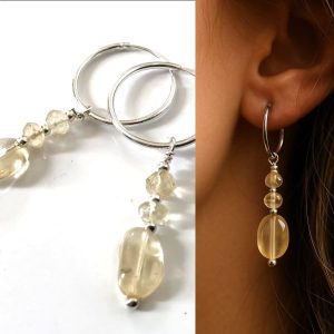 Boucles d&rsquo;oreilles pendentif en perles de citrine jaune véritable et argent créoles ou pendantes