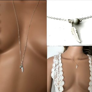 Sautoir avec plume Argent – Collier long aigue marine femme