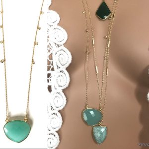 Collier calcedoine bleue et zirconium femme argent plaqué or