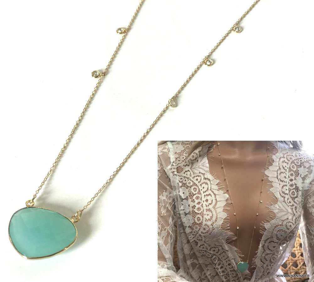 Collier calcedoine bleue et zirconium femme argent plaquĆ© or ā Image 7