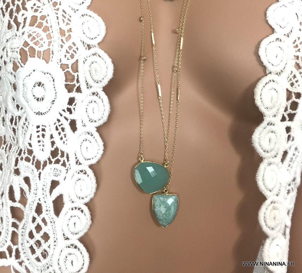 Collier calcedoine bleue et zirconium femme argent plaquĆ© or ā Image 5