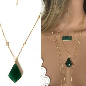Collier pendentif vert en onyx et zirconium femme plaqué or