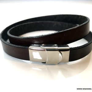 Bracelet cuir double tour fermoir Acier inoxydable argent
