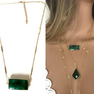 Collier emeraude femme pendentif rectangle plaqué or