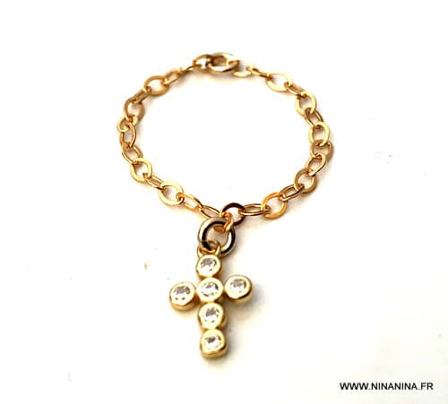 Bague chaine croix fine plaqué or et zirconium femme – Image 3