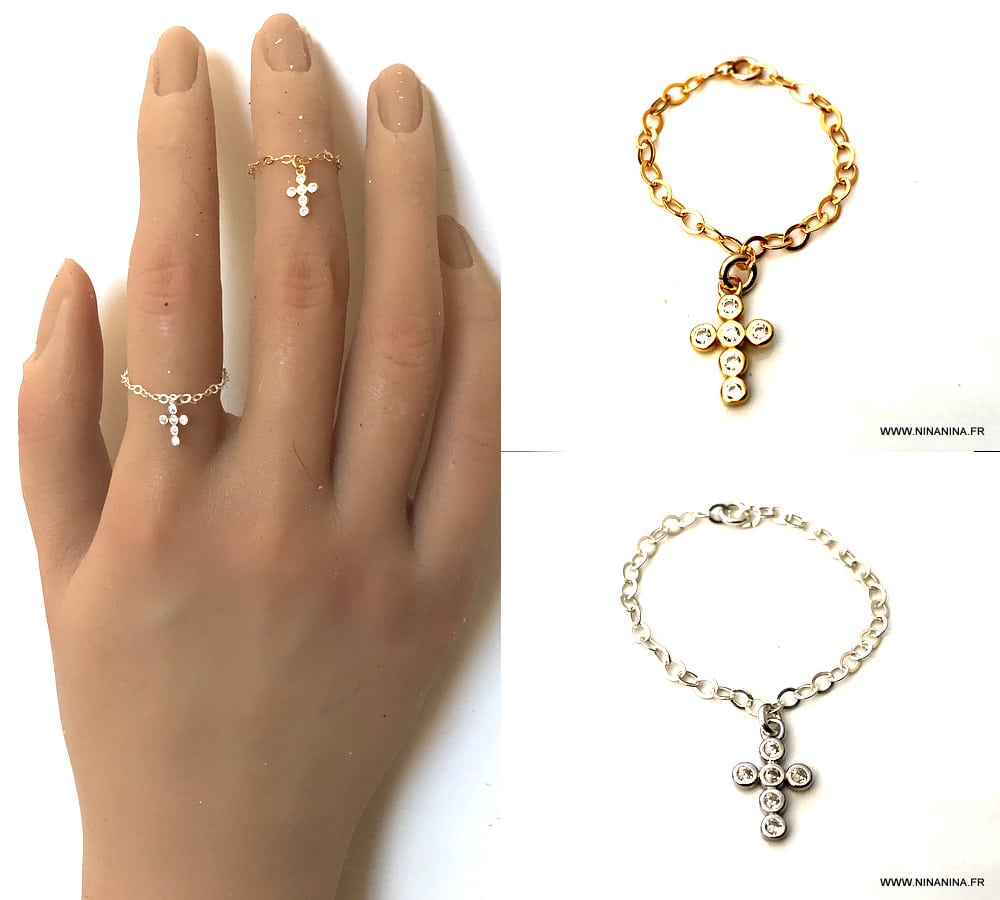 Bague chaine croix fine plaqué or et zirconium femme – Image 5