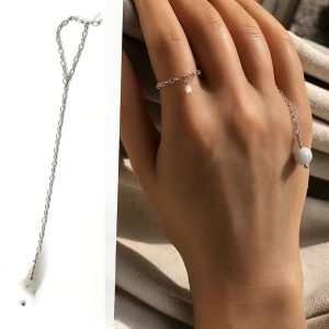 Bague chainette argent 925 artisanale sur chaine fine et pierre de lune véritable pour femme