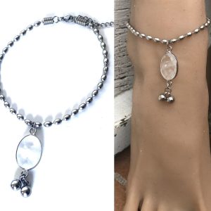 Bracelet cheville indien argent chaine acier et cristal de roche