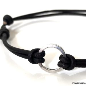 Bracelet anneau Argent cordon cuir réglable homme