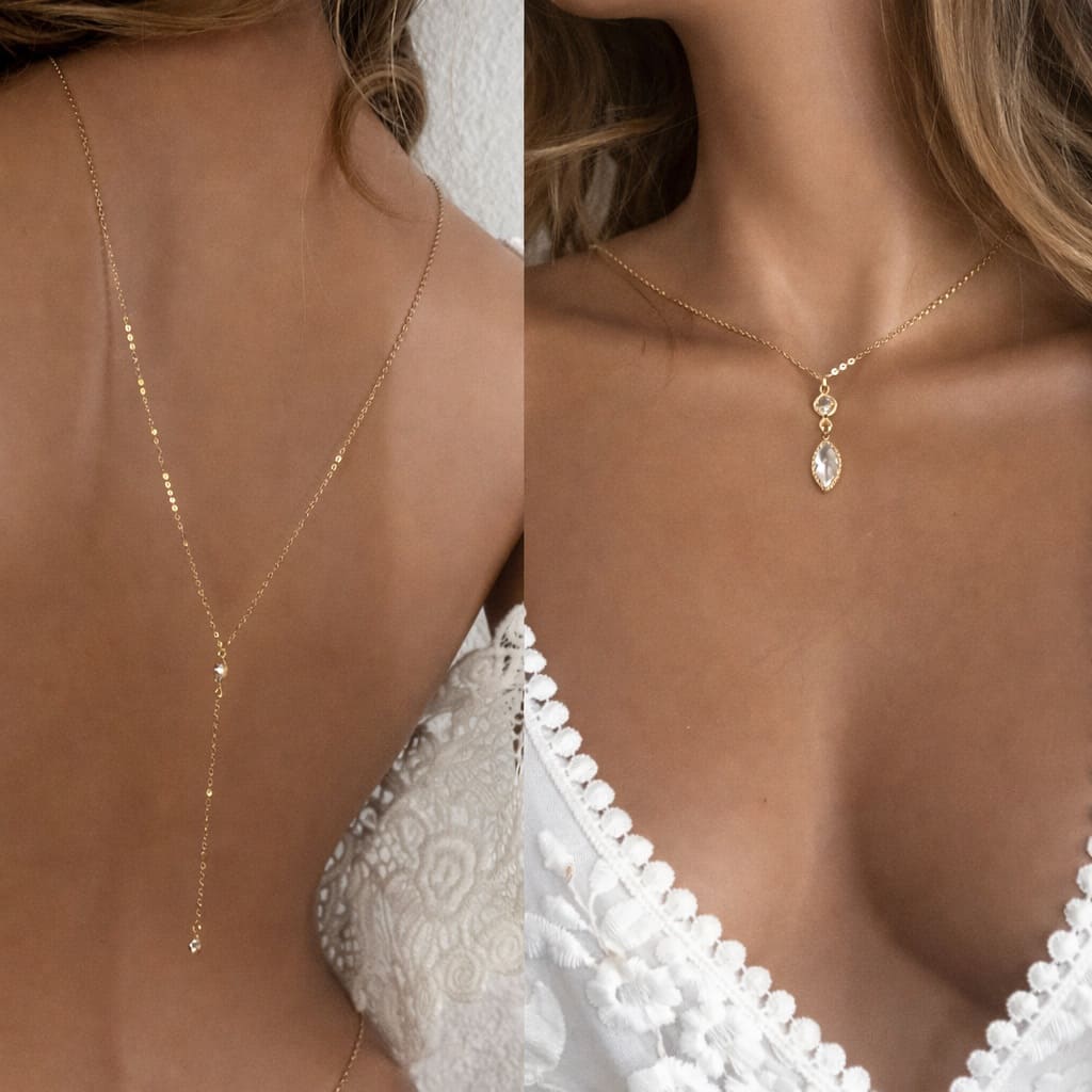 Collier dos nu mariage artisanal – chaine de dos mariée plaqué or 14K et pendentif zirconium