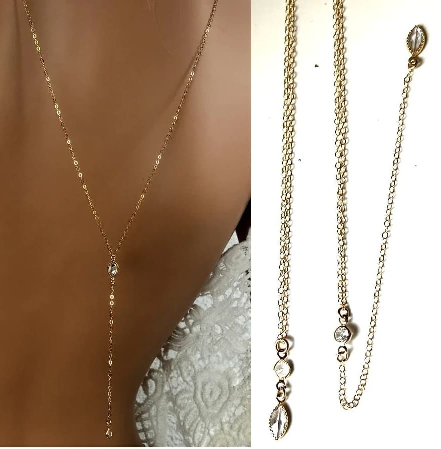Collier dos nu mariage artisanal – chaine de dos mariée plaqué or 14K et pendentif zirconium – Image 7