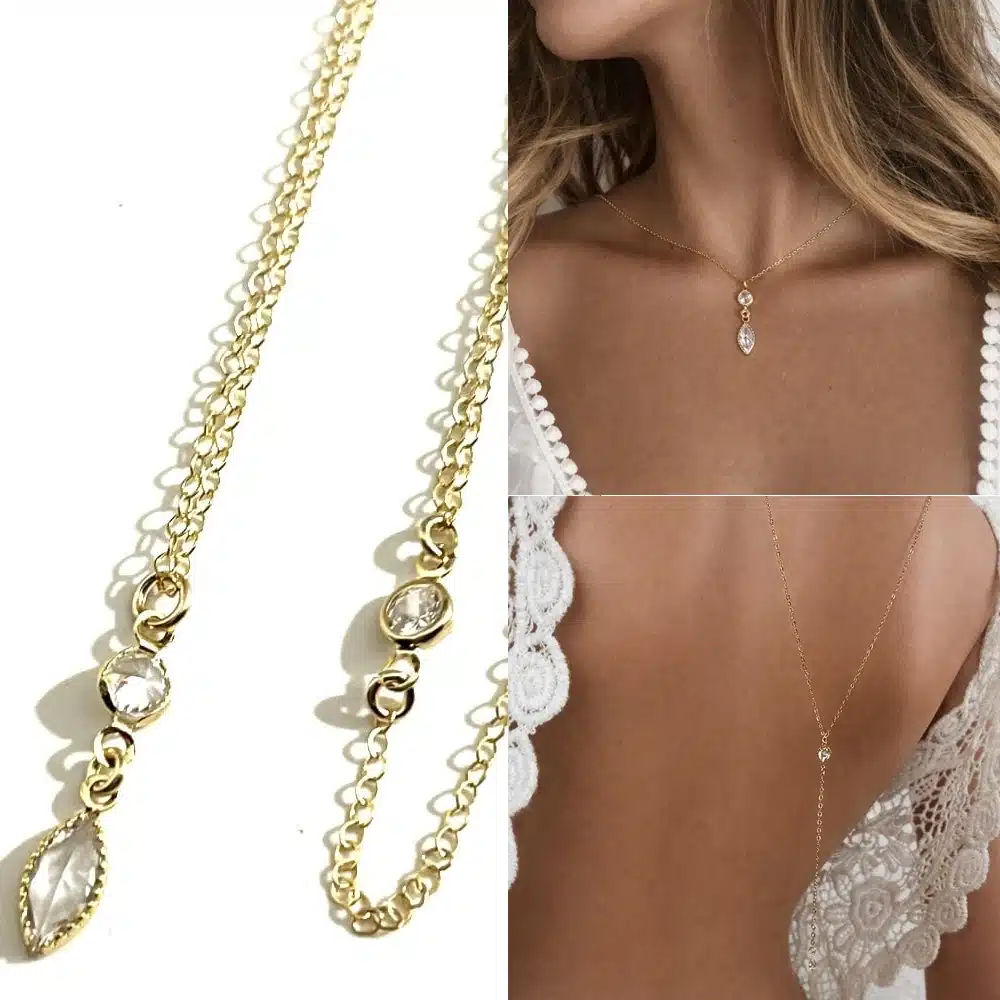 Collier dos nu mariage artisanal – chaine de dos mariée plaqué or 14K et pendentif zirconium – Image 4