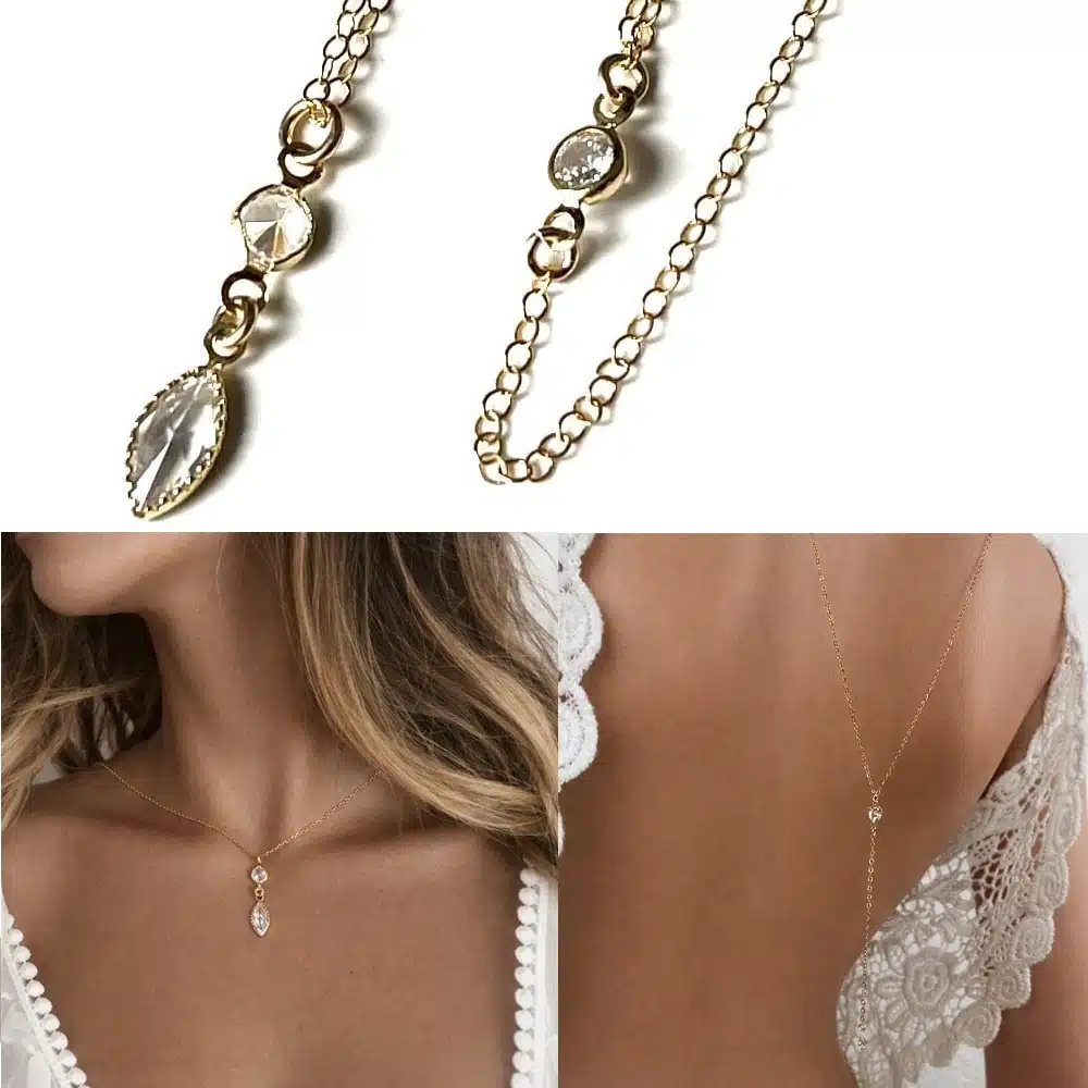 Collier dos nu mariage artisanal – chaine de dos mariée plaqué or 14K et pendentif zirconium – Image 3