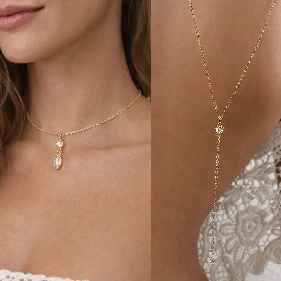 Collier dos nu mariage artisanal – chaine de dos mariée plaqué or 14K et pendentif zirconium – Image 6