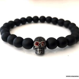 Bracelet tete de mort homme perle onyx et zirconium noir