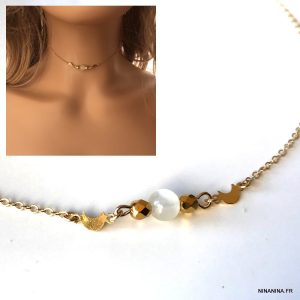 Collier chaine ras du cou pierre de lune plaqué or femme