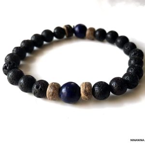 Bracelet en pierre de lave et Lapis Lazuli bleu homme