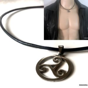 Collier celte pendentif triskel acier argent homme cuir
