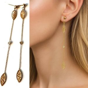 Boucles d’oreilles pendantes longues plaqué or zirconium – Bijou artisanal fait main en France