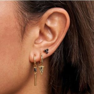 Ensemble boucles d’oreilles 3 trous zirconium noir plaqué or