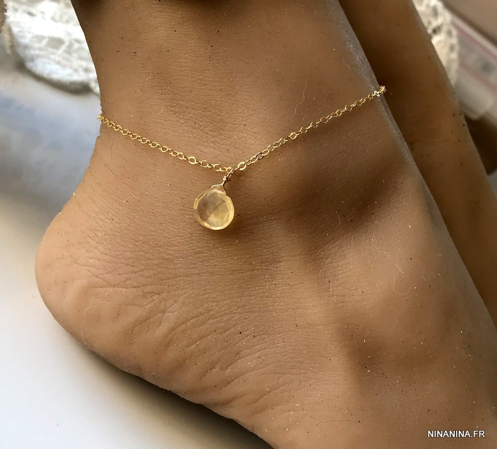 Bijou citrine femme – Chaine cheville plaqué or pendentif jaune – Image 8