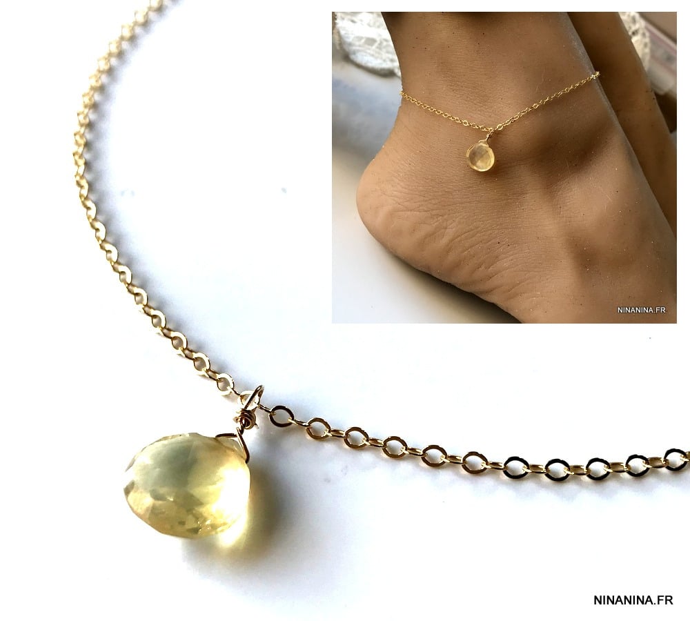 Bijou citrine femme – Chaine cheville plaqué or pendentif jaune – Image 9