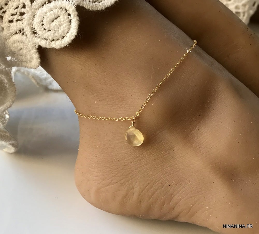 Bijou citrine femme – Chaine cheville plaqué or pendentif jaune – Image 3
