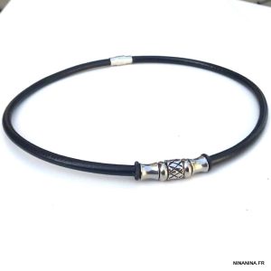 Collier ras de cou cuir homme acier inoxydable argenté