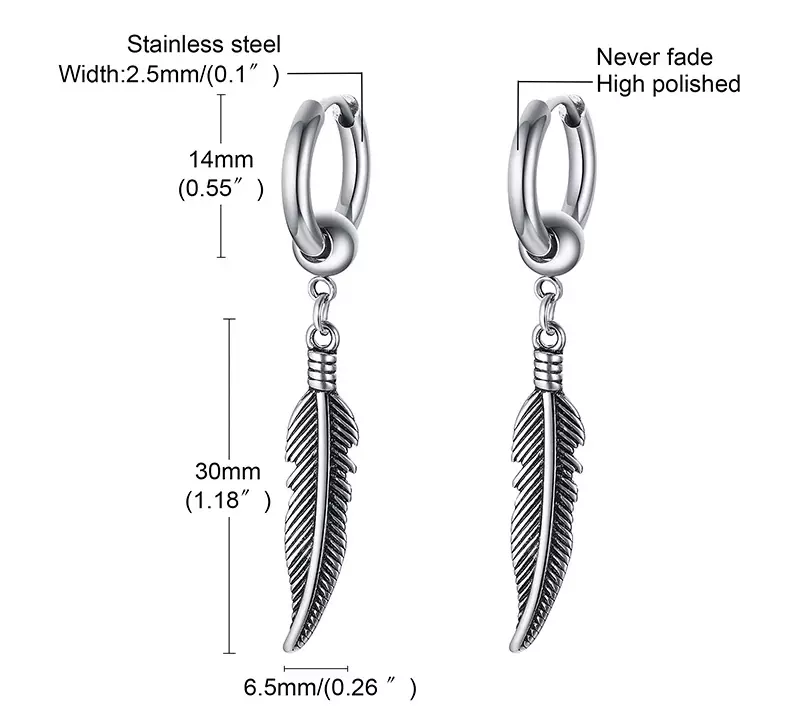 Boucle D’Oreille Plume Homme Artisanale – Creole Acier Inoxydable Argenté – Image 5