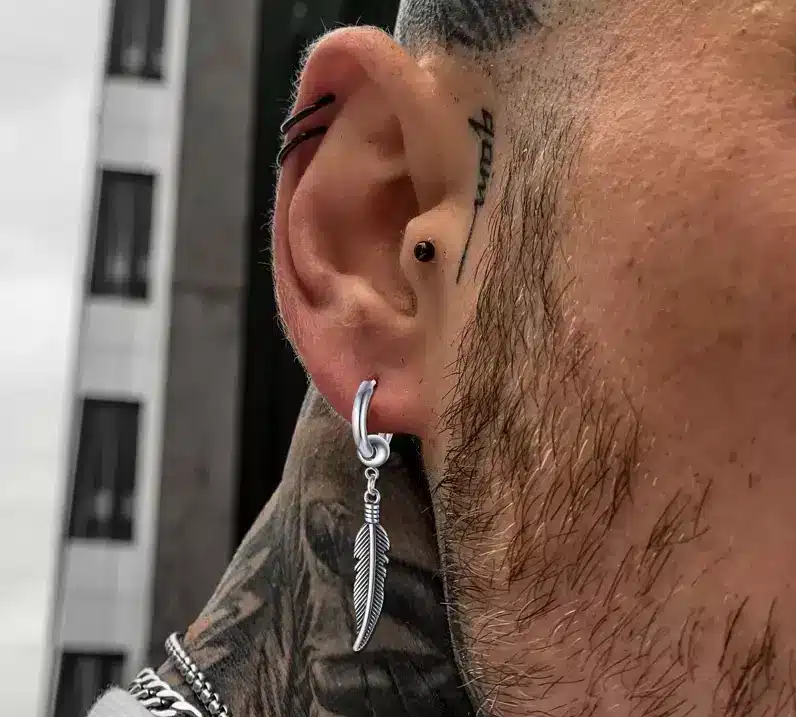 Boucle D’Oreille Plume Homme Artisanale – Creole Acier Inoxydable Argenté – Image 6