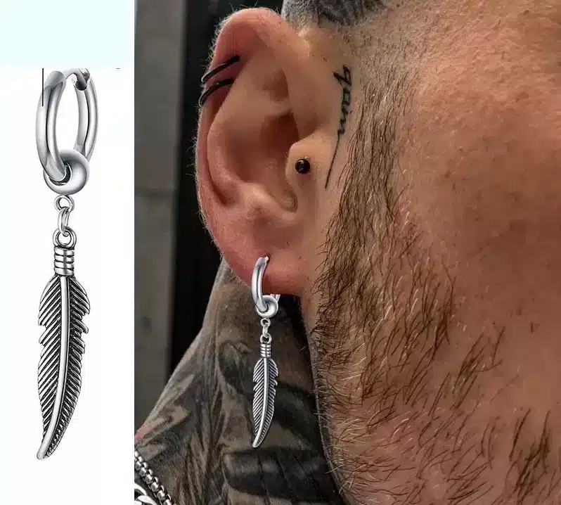 Boucle D’Oreille Plume Homme Artisanale – Creole Acier Inoxydable Argenté – Image 3