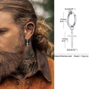 Boucle d&rsquo;oreille homme Pendentif Croix Acier Inoxydable Argenté artisanale
