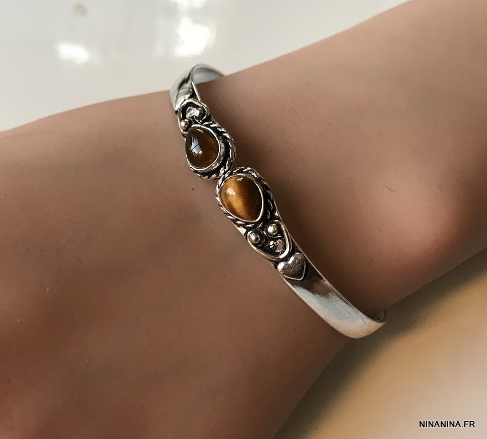 Bracelet Jonc avec pierre fine Oeil de Tigre argent – Image 3