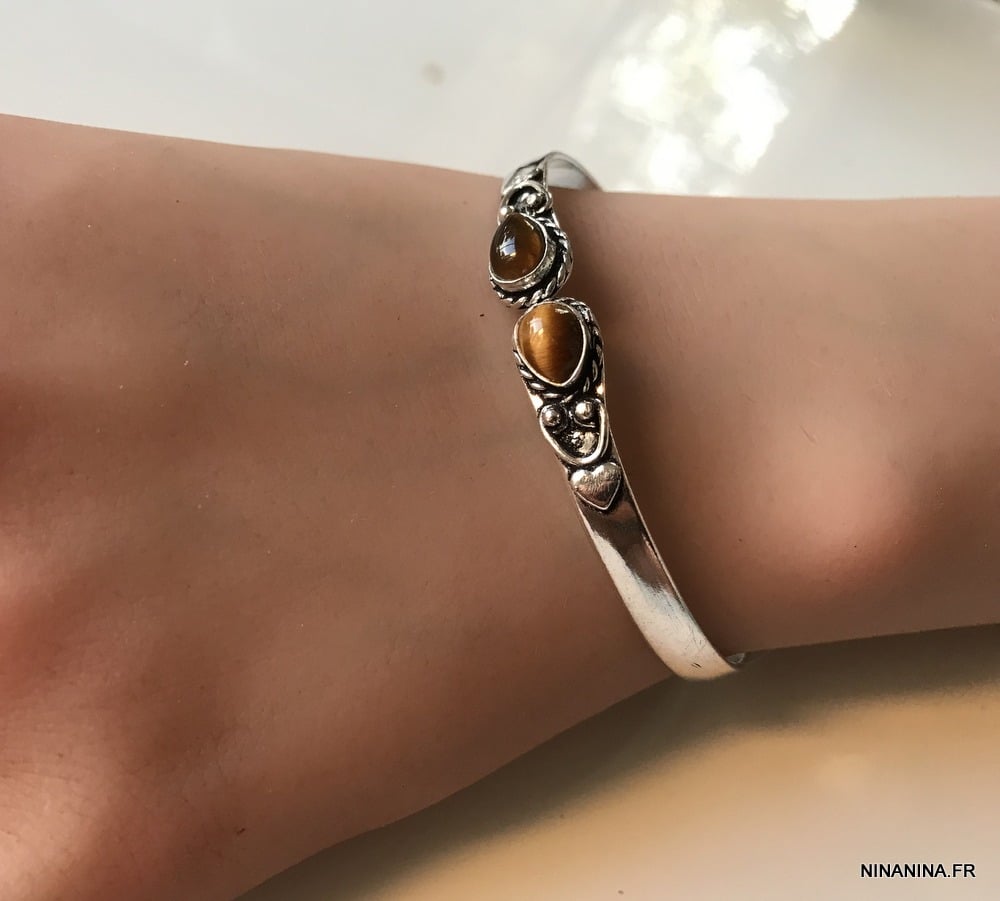 Bracelet Jonc avec pierre fine Oeil de Tigre argent – Image 7