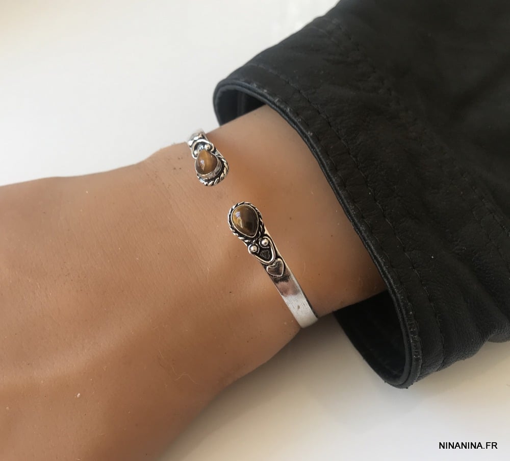 Bracelet Jonc avec pierre fine Oeil de Tigre argent – Image 4