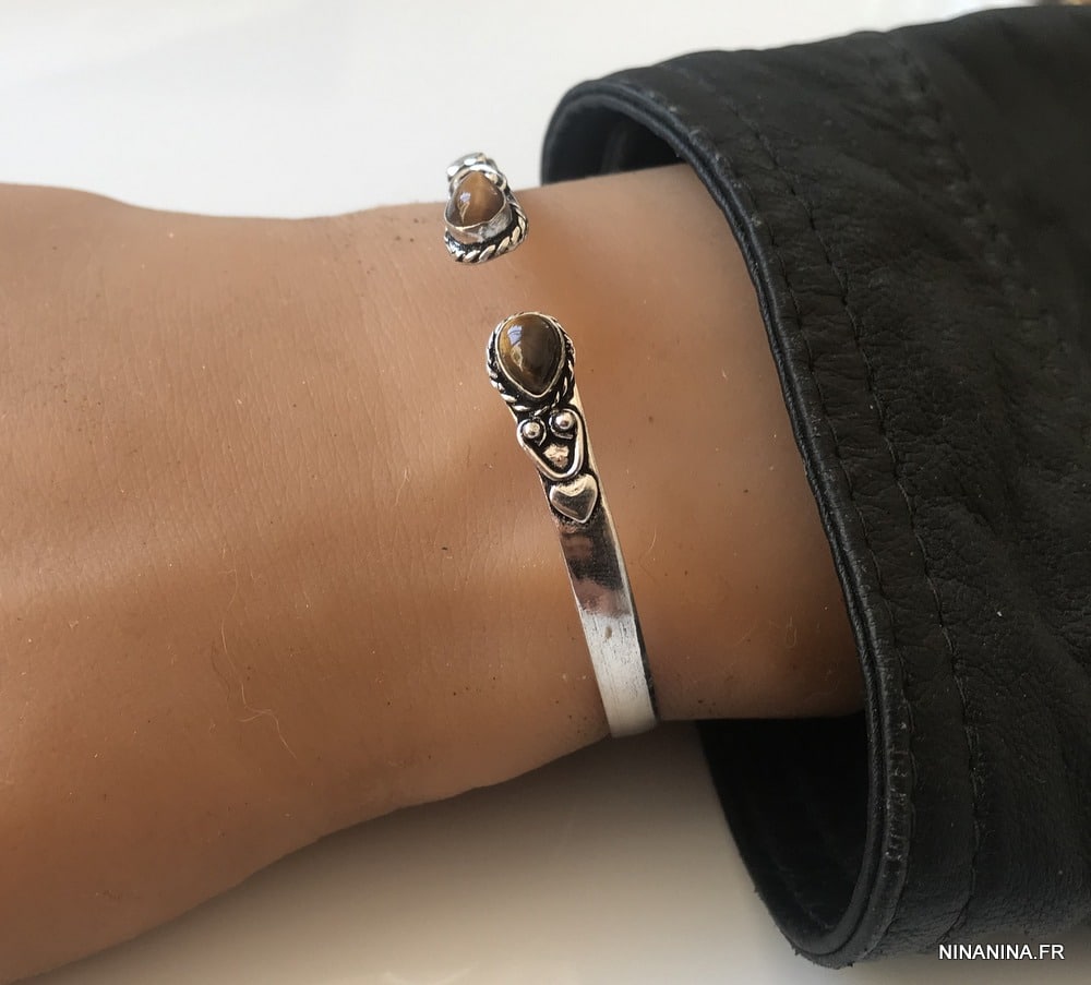 Bracelet Jonc avec pierre fine Oeil de Tigre argent