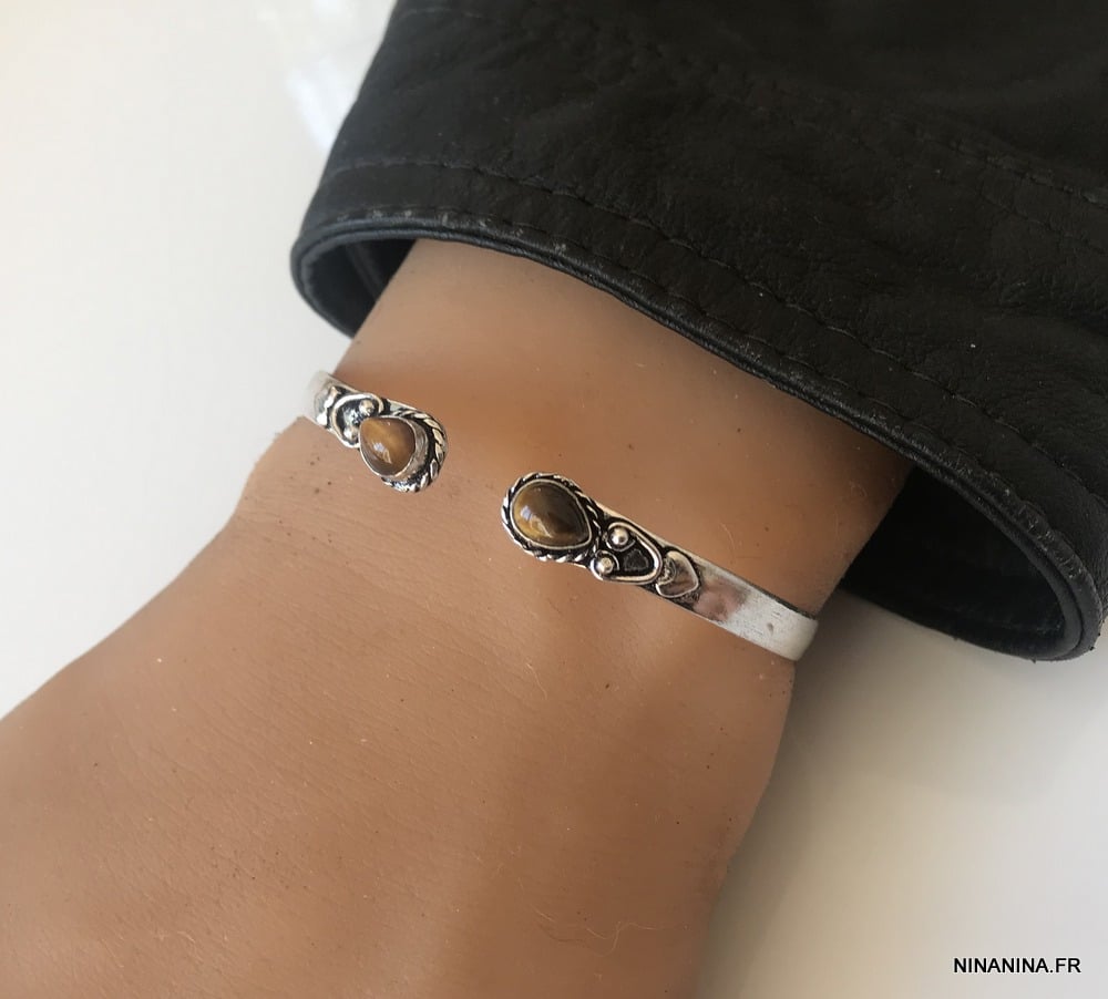 Bracelet Jonc avec pierre fine Oeil de Tigre argent – Image 6