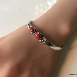 Bracelet Corail Rouge manchette Jonc plaqué argent