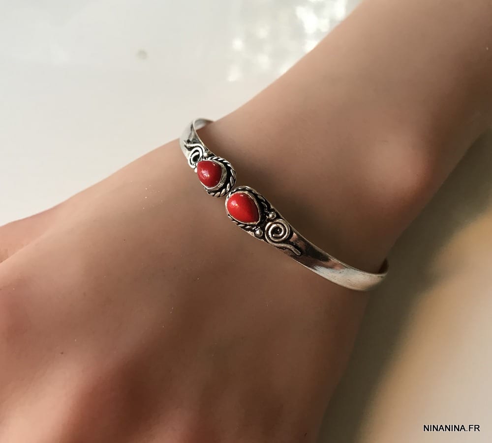 Bracelet Corail Rouge manchette Jonc plaquĆ© argent ā Image 7