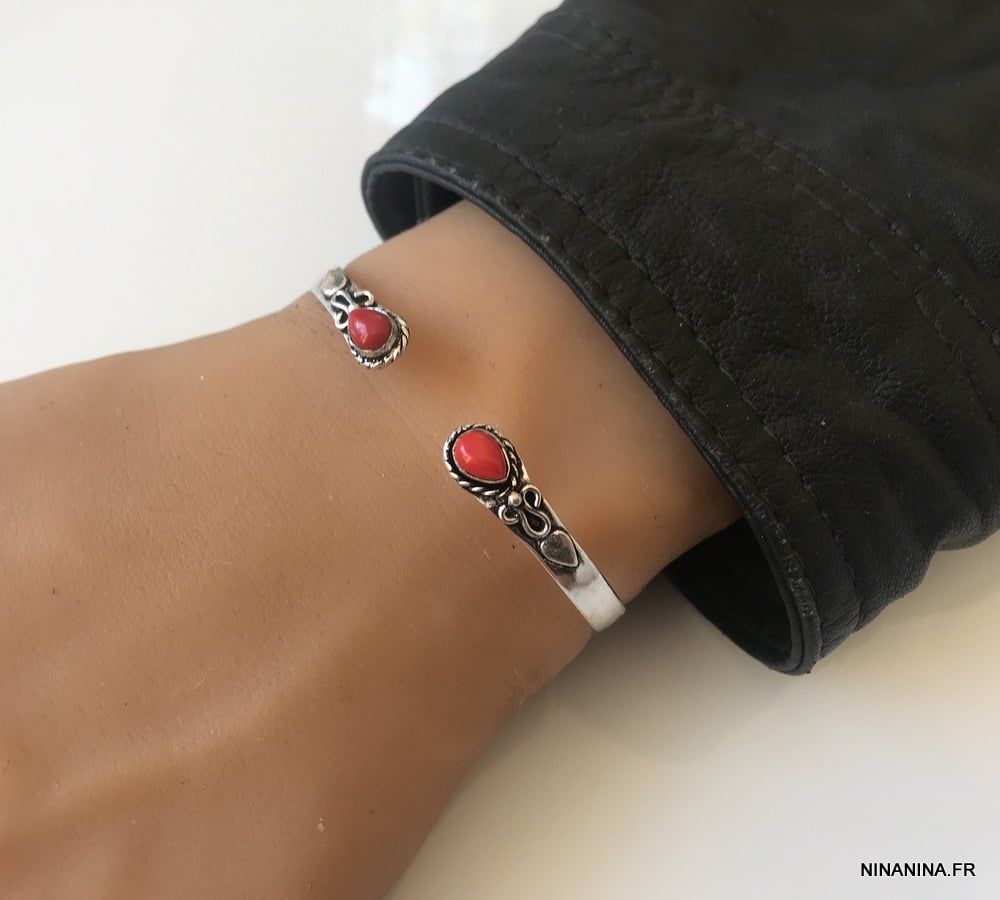Bracelet Corail Rouge manchette Jonc plaquĆ© argent ā Image 6