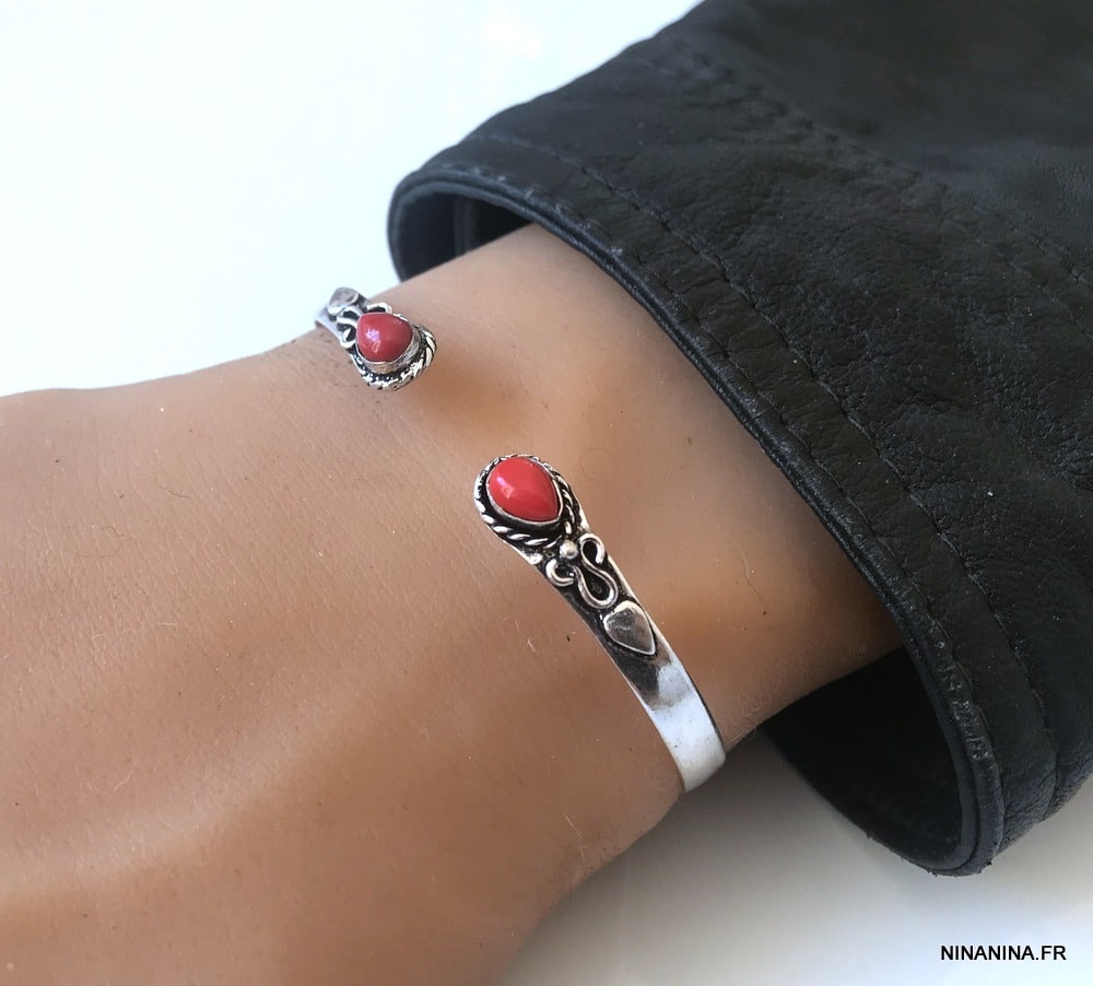Bracelet Corail Rouge manchette Jonc plaquĆ© argent ā Image 4