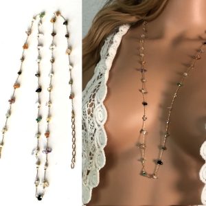 Sautoir multicolore pierres fines colorées et laiton doré